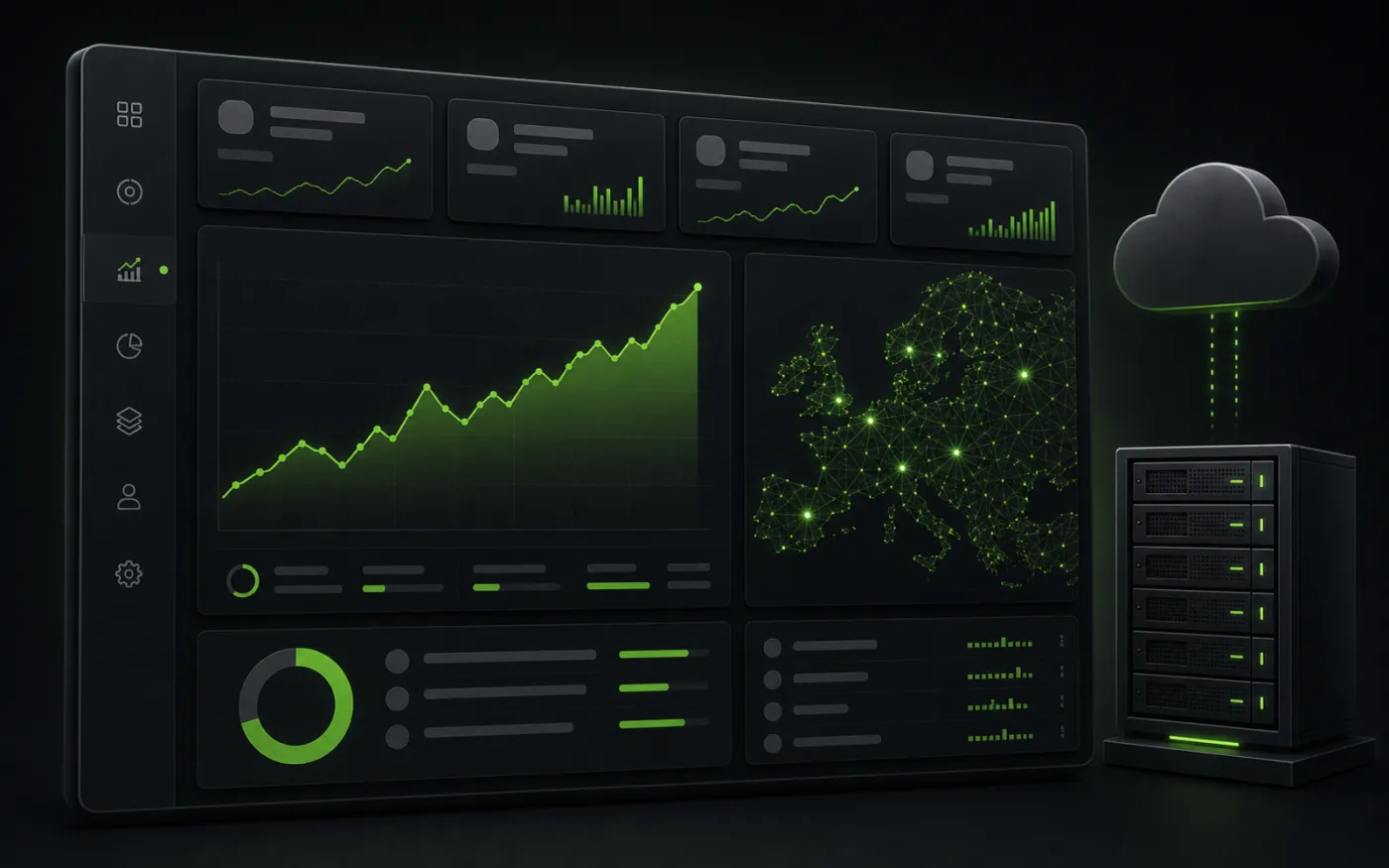 Cloud dashboard overview with metrics and a map of Europe